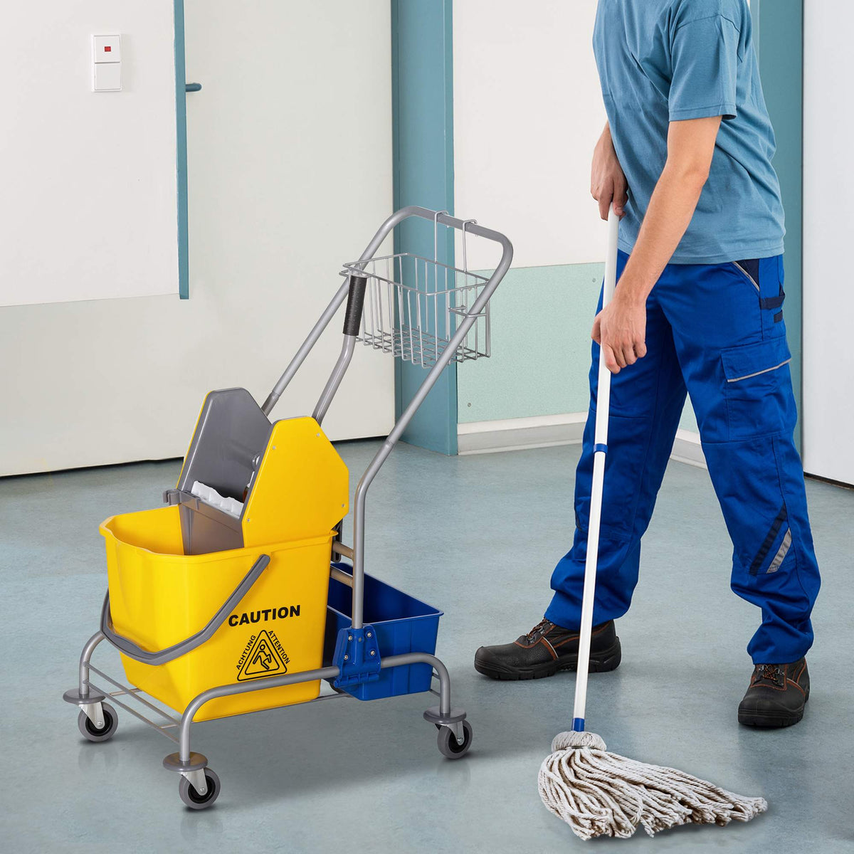 Cleaning Cart with Wringer, 25L Capacity, 4 Wheels, Yellow