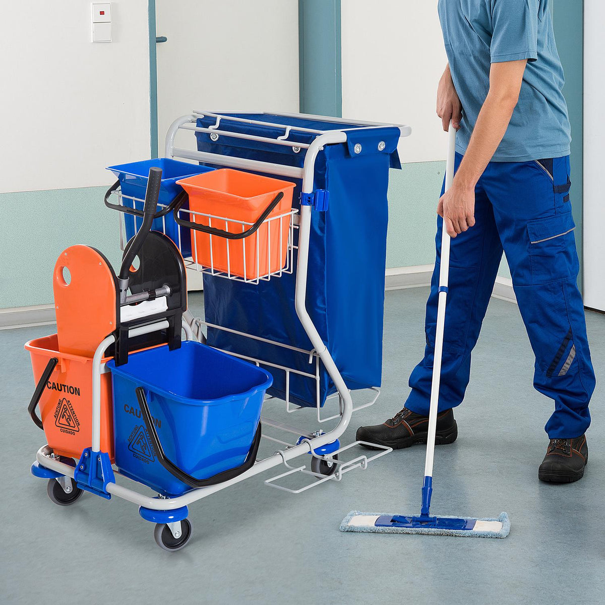 Cleaning Trolley Cleaning Trolley 4 Buckets Wiping Trolley System Trolley With Wheels Blue Orange 100 X 70 X 103 Cm