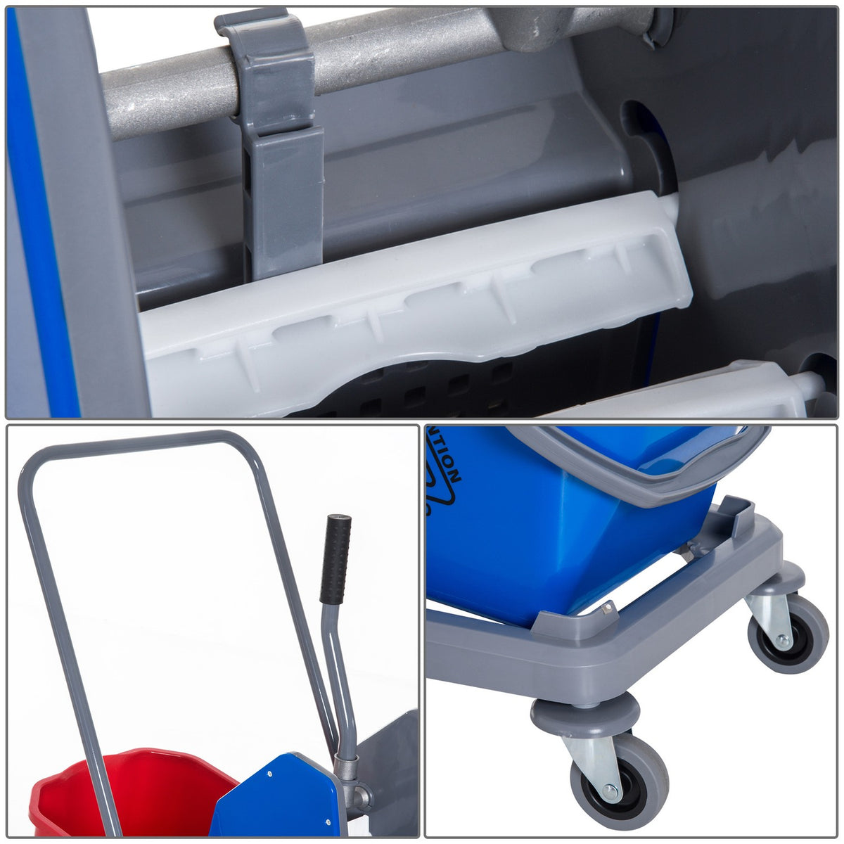 Cleaning Trolley Cleaning Trolley With 2 Buckets & 4 Wheels, Metal/Pp, Blue/Red, 73X45X92Cm For Efficient Cleanliness