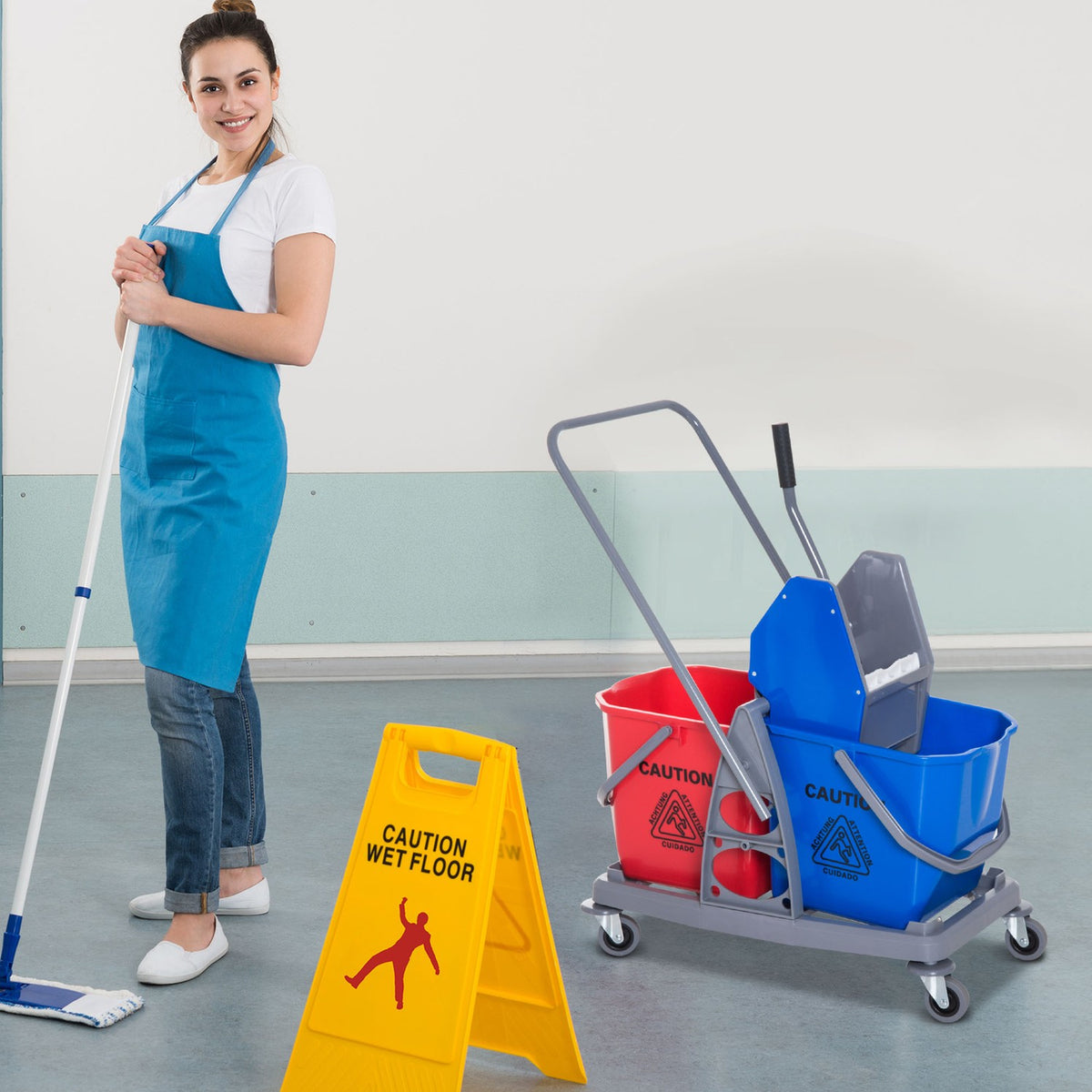 Cleaning Trolley Cleaning Trolley With 2 Buckets & 4 Wheels, Metal/Pp, Blue/Red, 73X45X92Cm For Efficient Cleanliness