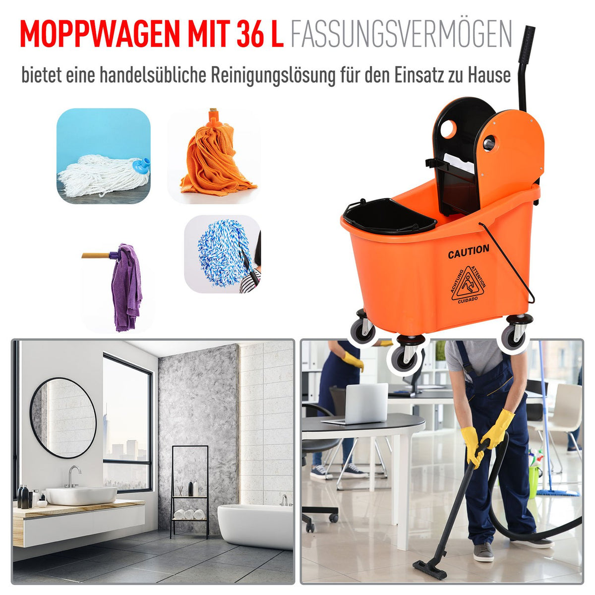 Cleaning Trolley, Mobile Bucket With Wringing Device, 36 Liters, Black/Orange, 54X41X91.5Cm, For Professional Cleaning