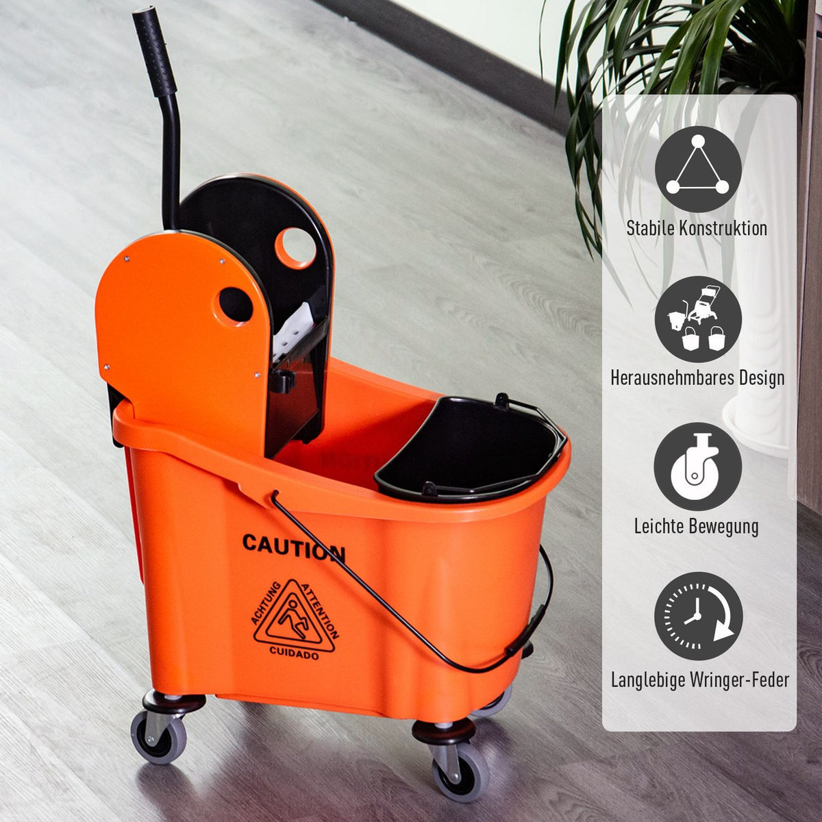 Cleaning Trolley, Mobile Bucket With Wringing Device, 36 Liters, Black/Orange, 54X41X91.5Cm, For Professional Cleaning
