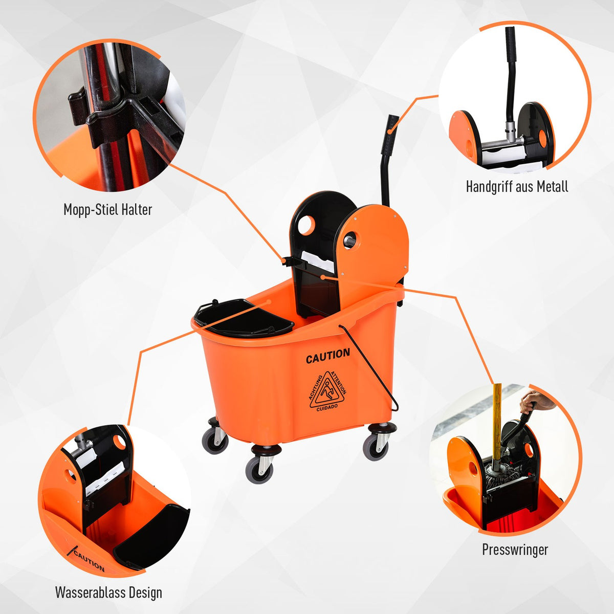 Cleaning Trolley, Mobile Bucket With Wringing Device, 36 Liters, Black/Orange, 54X41X91.5Cm, For Professional Cleaning