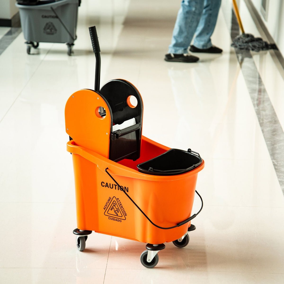 Cleaning Trolley, Mobile Bucket With Wringing Device, 36 Liters, Black/Orange, 54X41X91.5Cm, For Professional Cleaning