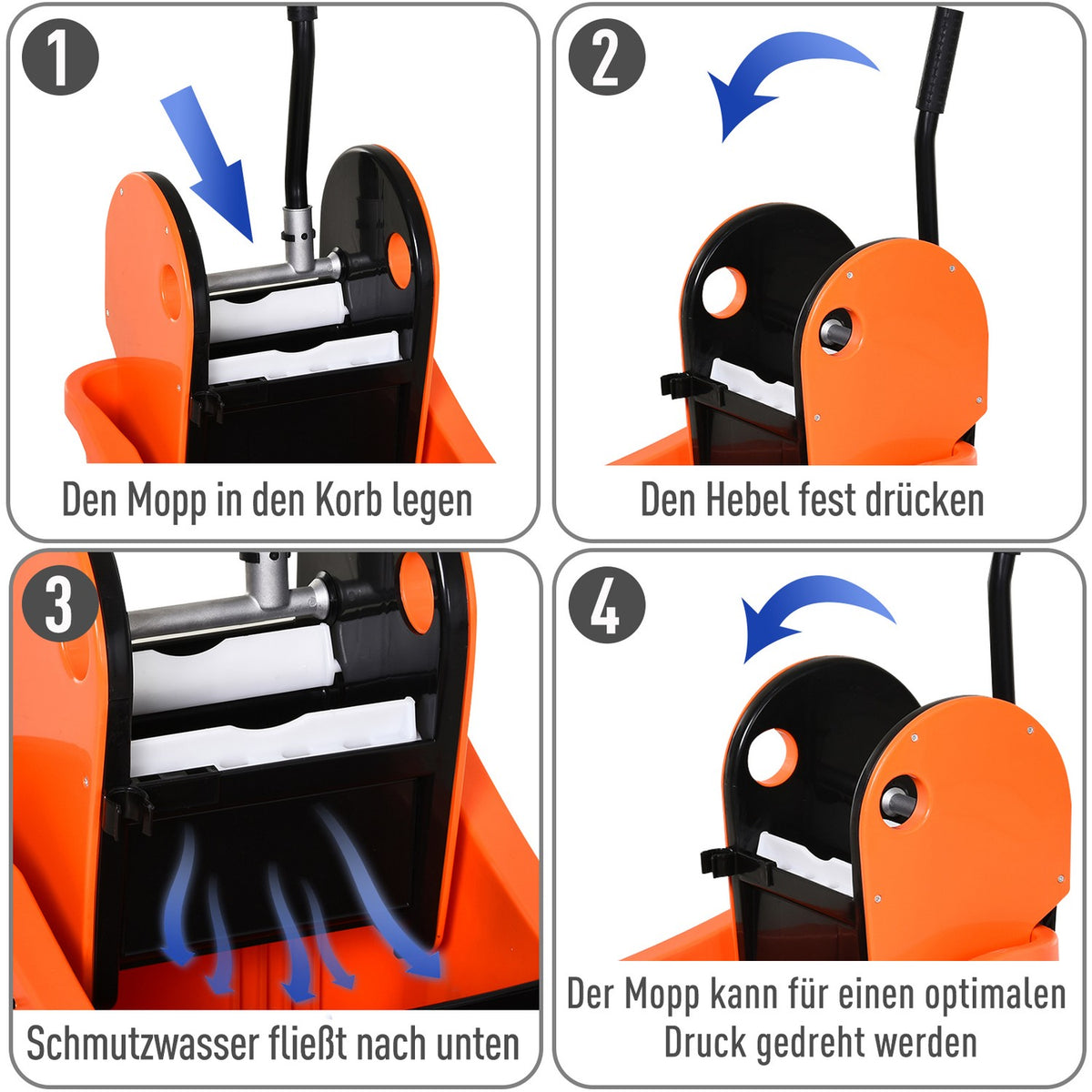 Cleaning Trolley, Mobile Bucket With Wringing Device, 36 Liters, Black/Orange, 54X41X91.5Cm, For Professional Cleaning