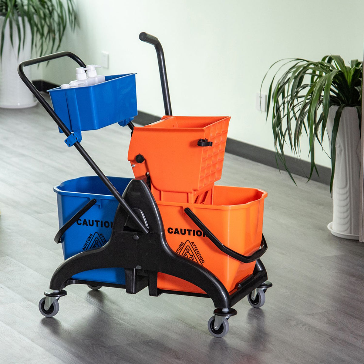 Cleaning Trolley Professional Cleaning Trolley with Jaw Press 2 Buckets + Storage Orange Blue