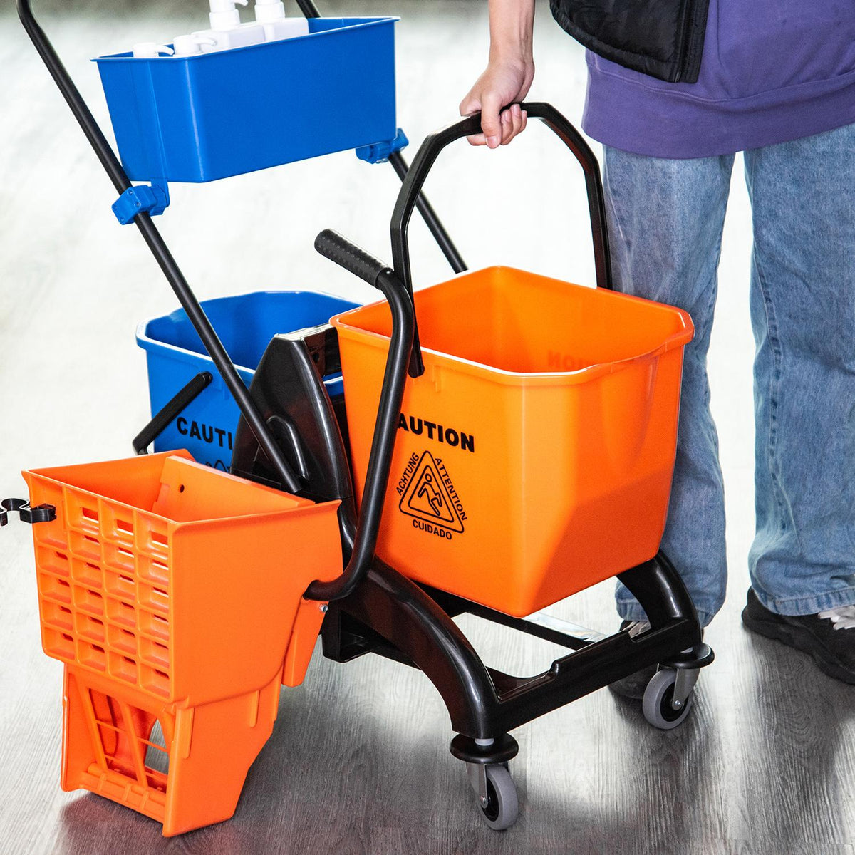 Cleaning Trolley Professional Cleaning Trolley with Jaw Press 2 Buckets + Storage Orange Blue