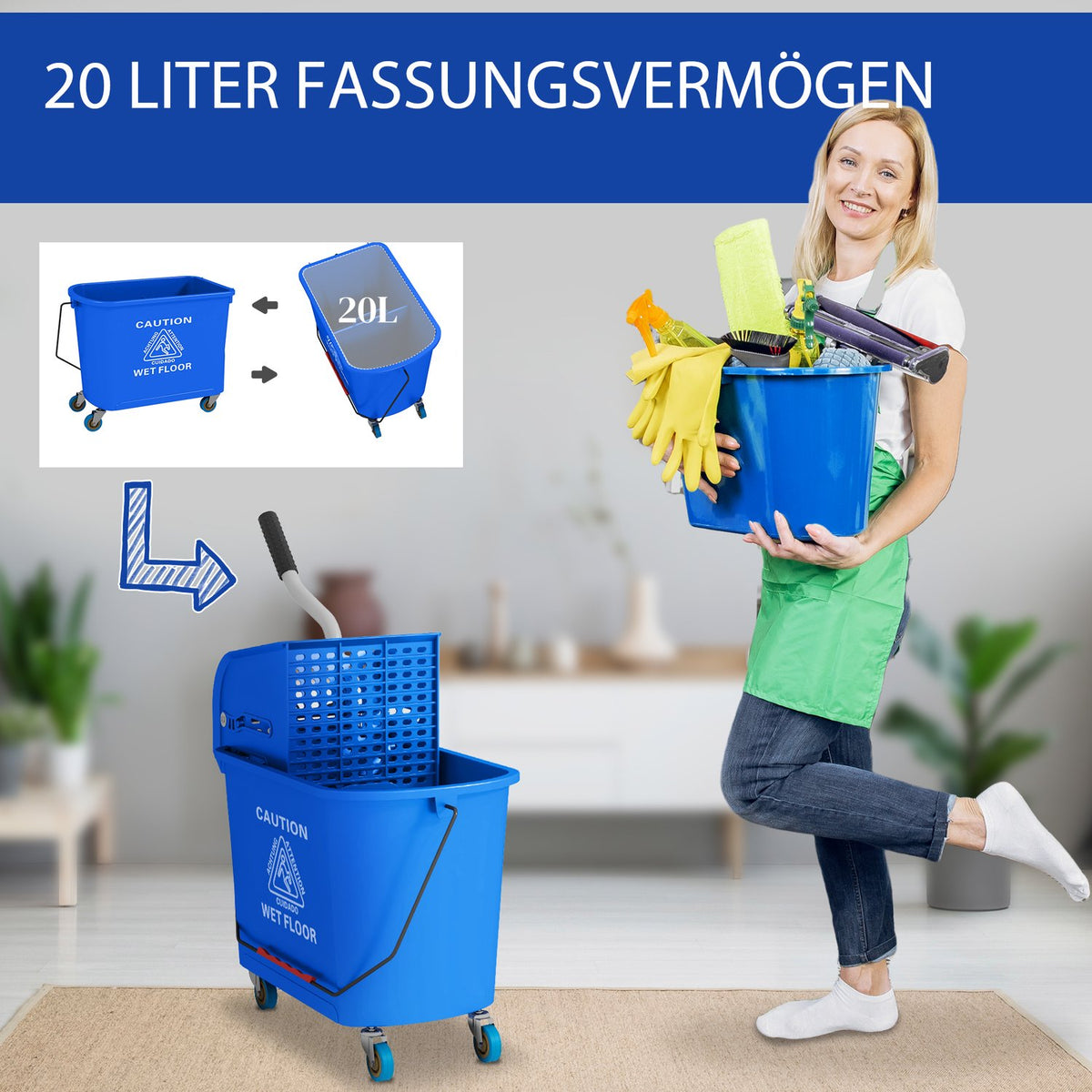 Cleaning Trolley Washing Bucket Household 20 L with Spinner and Separator for Clean Dirty Water Blue 60L x 27W x 70.5H cm