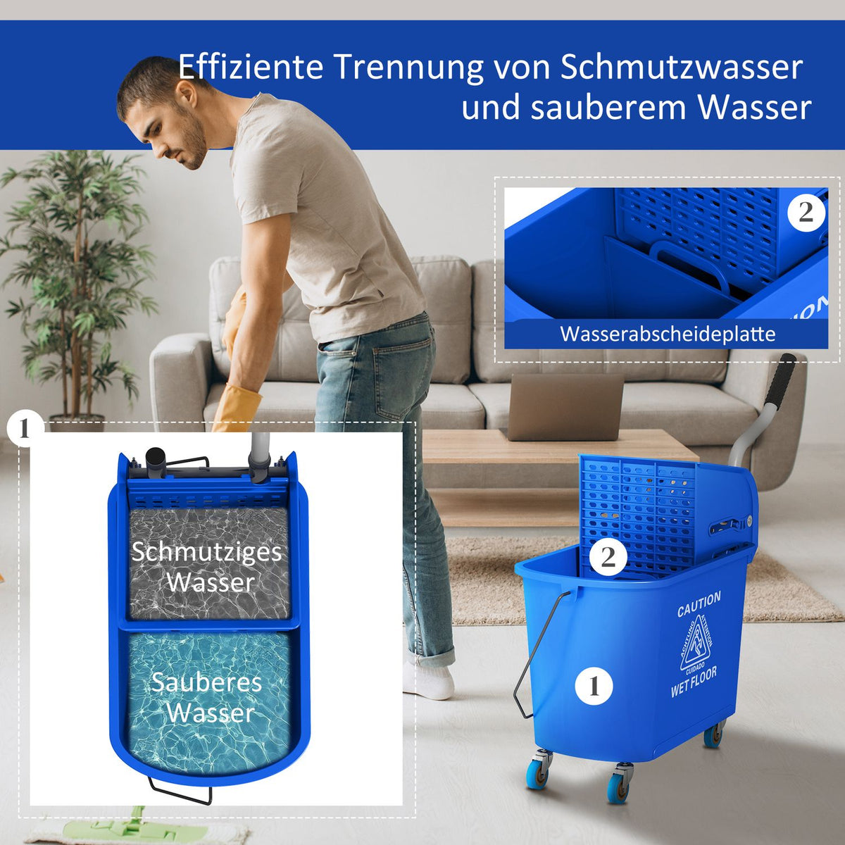 Cleaning Trolley Washing Bucket Household 20 L with Spinner and Separator for Clean Dirty Water Blue 60L x 27W x 70.5H cm