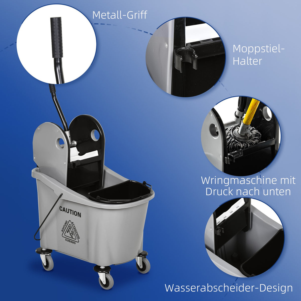 Cleaning trolley 36 liter mobile bucket cleaning bucket wiping trolley with wringing device, grey, 54 x 41 x 91.5 cm