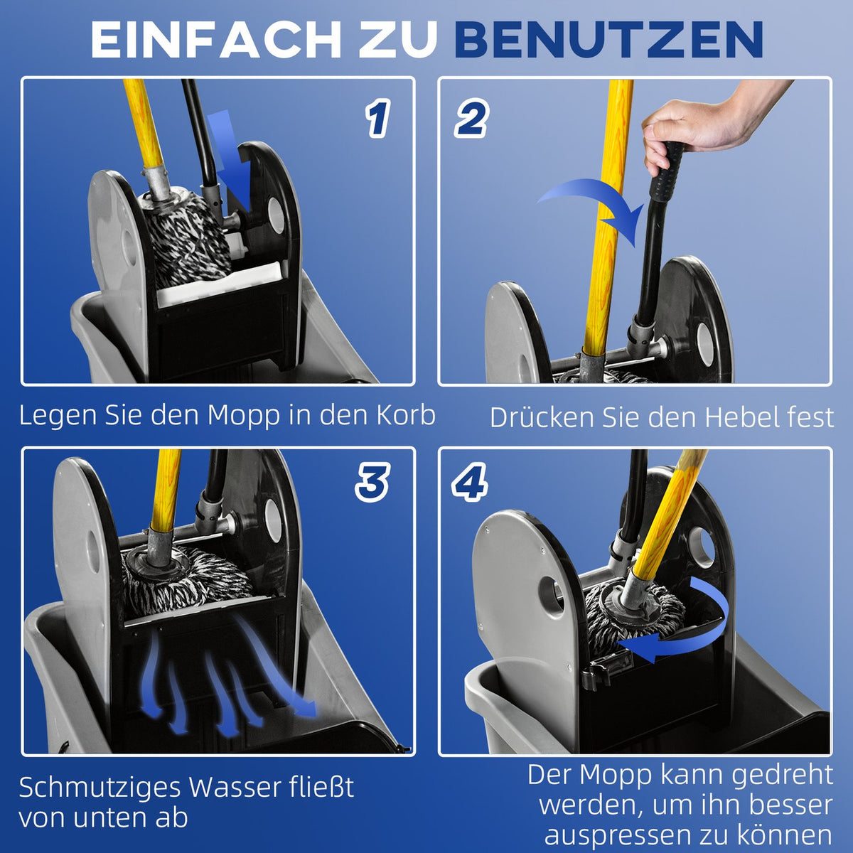 Cleaning trolley 36 liter mobile bucket cleaning bucket wiping trolley with wringing device, grey, 54 x 41 x 91.5 cm