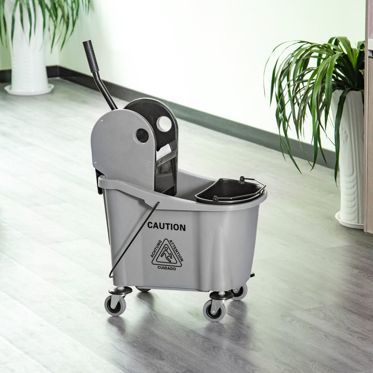 Cleaning trolley 36 liter mobile bucket cleaning bucket wiping trolley with wringing device, grey, 54 x 41 x 91.5 cm