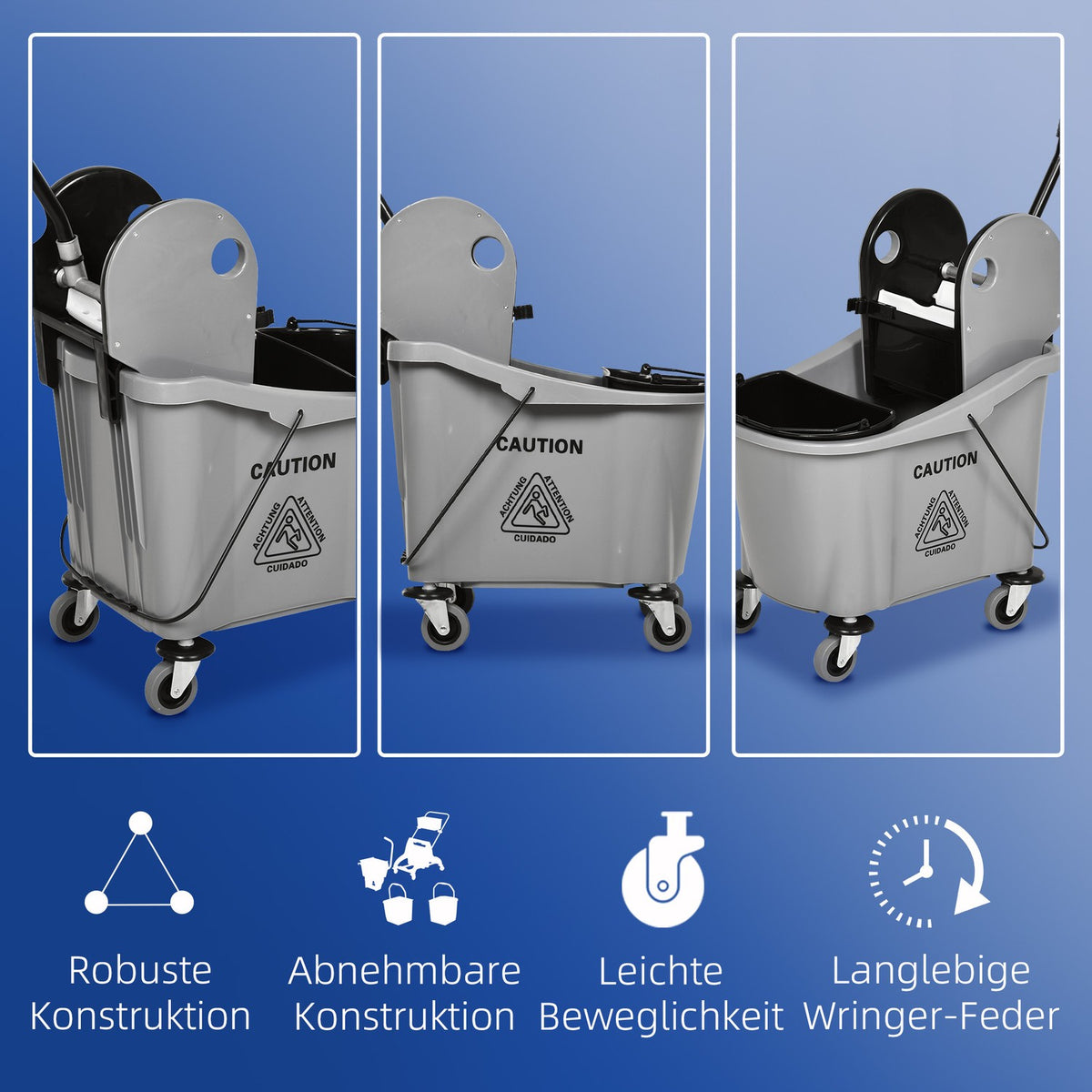 Cleaning trolley 36 liter mobile bucket cleaning bucket wiping trolley with wringing device, grey, 54 x 41 x 91.5 cm