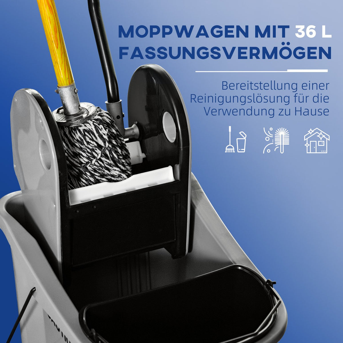 Cleaning trolley 36 liter mobile bucket cleaning bucket wiping trolley with wringing device, grey, 54 x 41 x 91.5 cm
