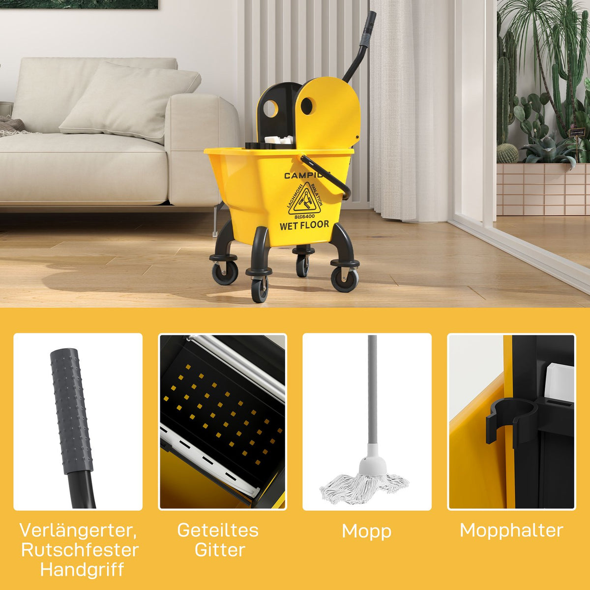 Cleaning trolley cleaning trolley 26 liter bucket with press, wiping trolley with handle and mop for building cleaning yellow