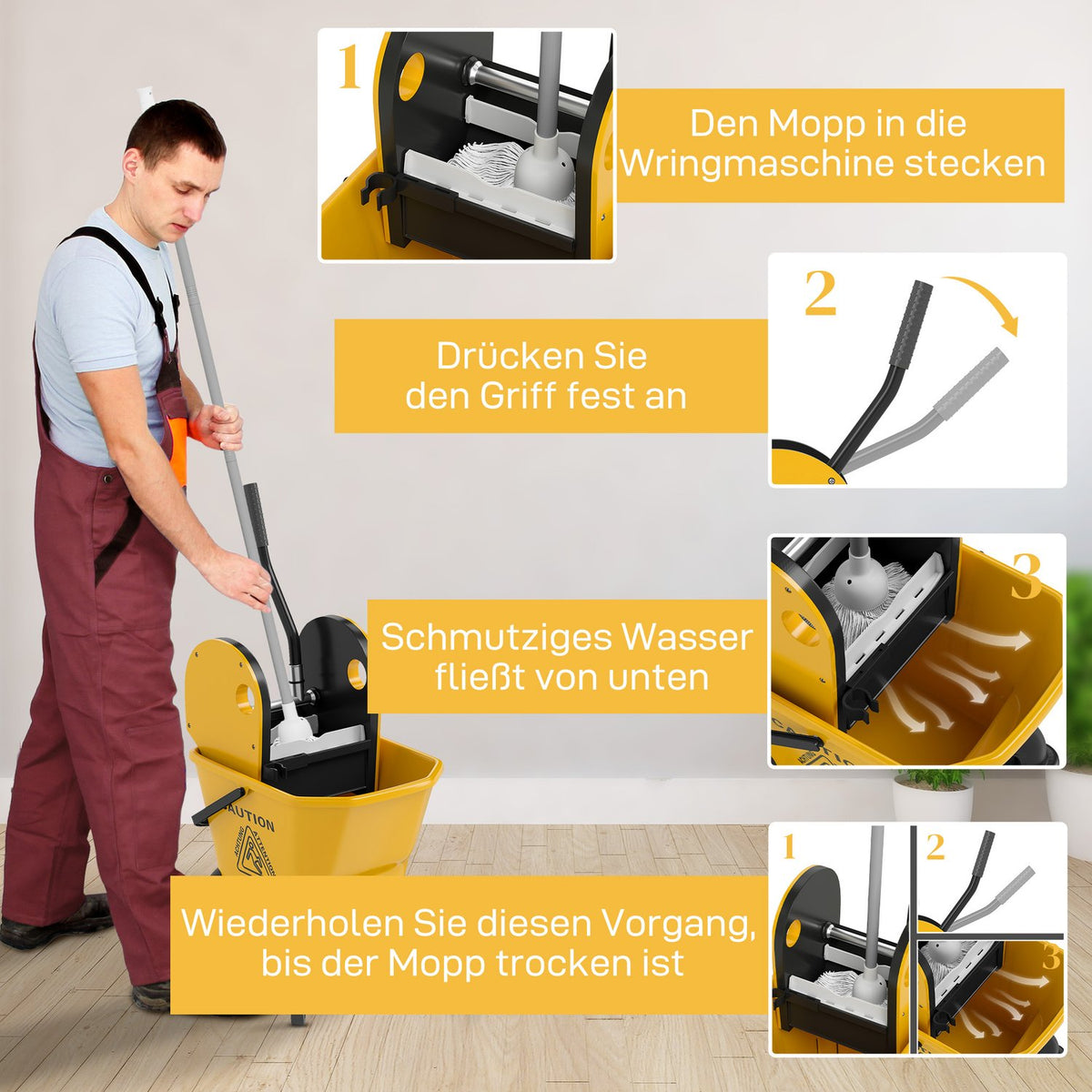 Cleaning trolley cleaning trolley 26 liter bucket with press, wiping trolley with handle and mop for building cleaning yellow