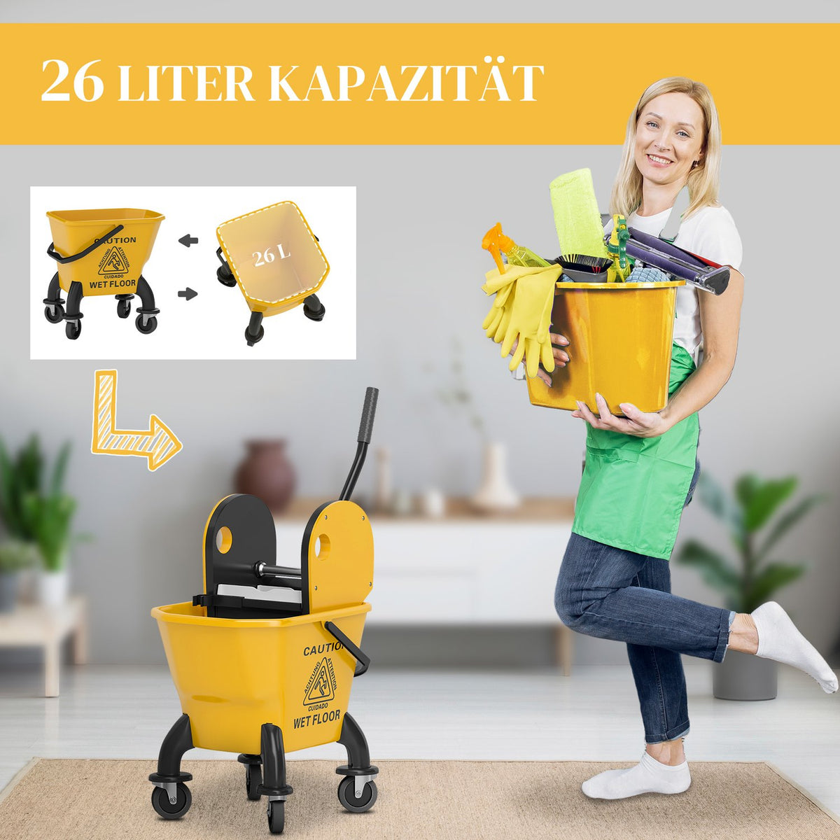 Cleaning trolley cleaning trolley 26 liter bucket with press, wiping trolley with handle and mop for building cleaning yellow