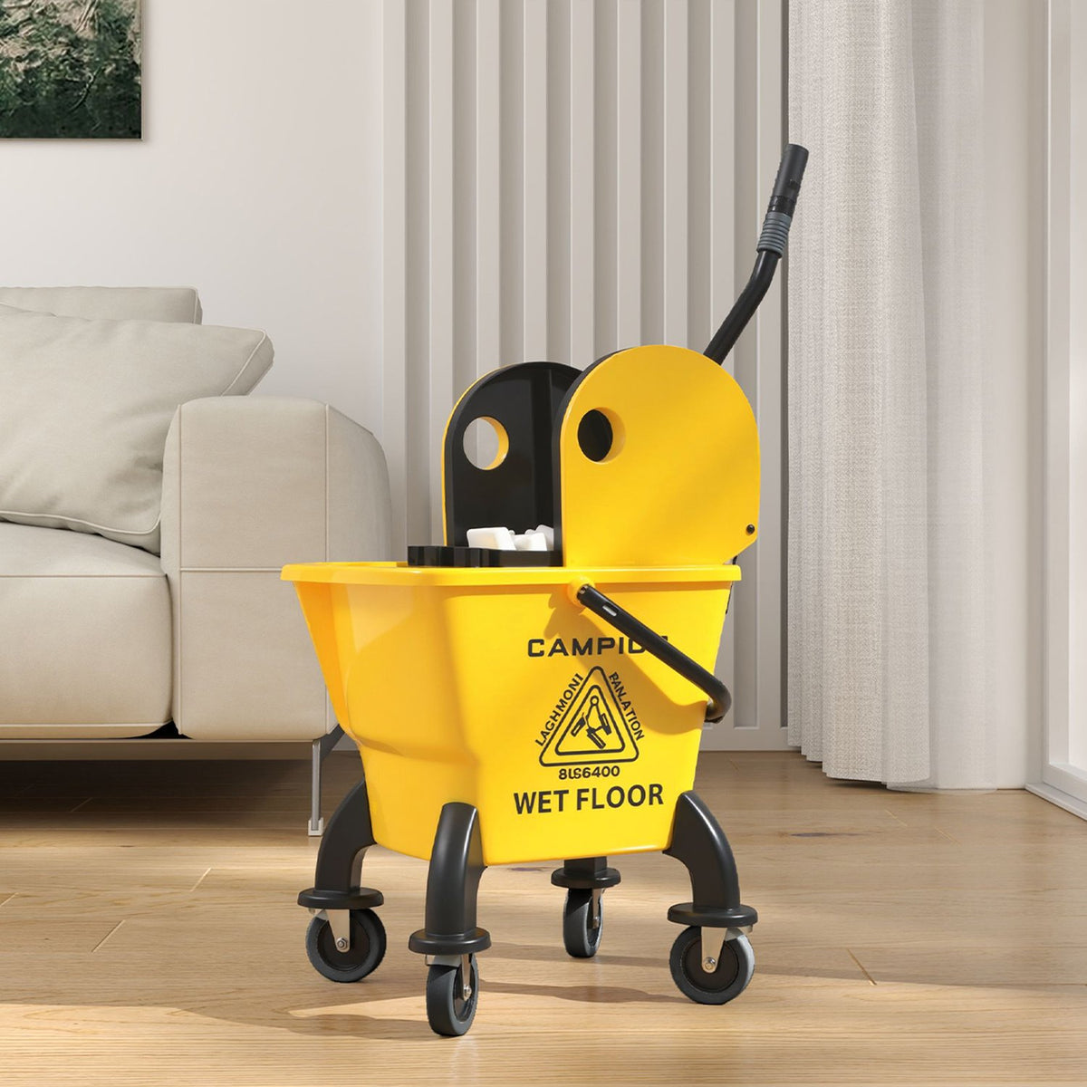 Cleaning trolley cleaning trolley 26 liter bucket with press, wiping trolley with handle and mop for building cleaning yellow