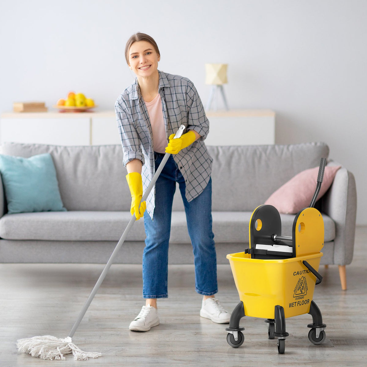 Cleaning trolley cleaning trolley 26 liter bucket with press, wiping trolley with handle and mop for building cleaning yellow
