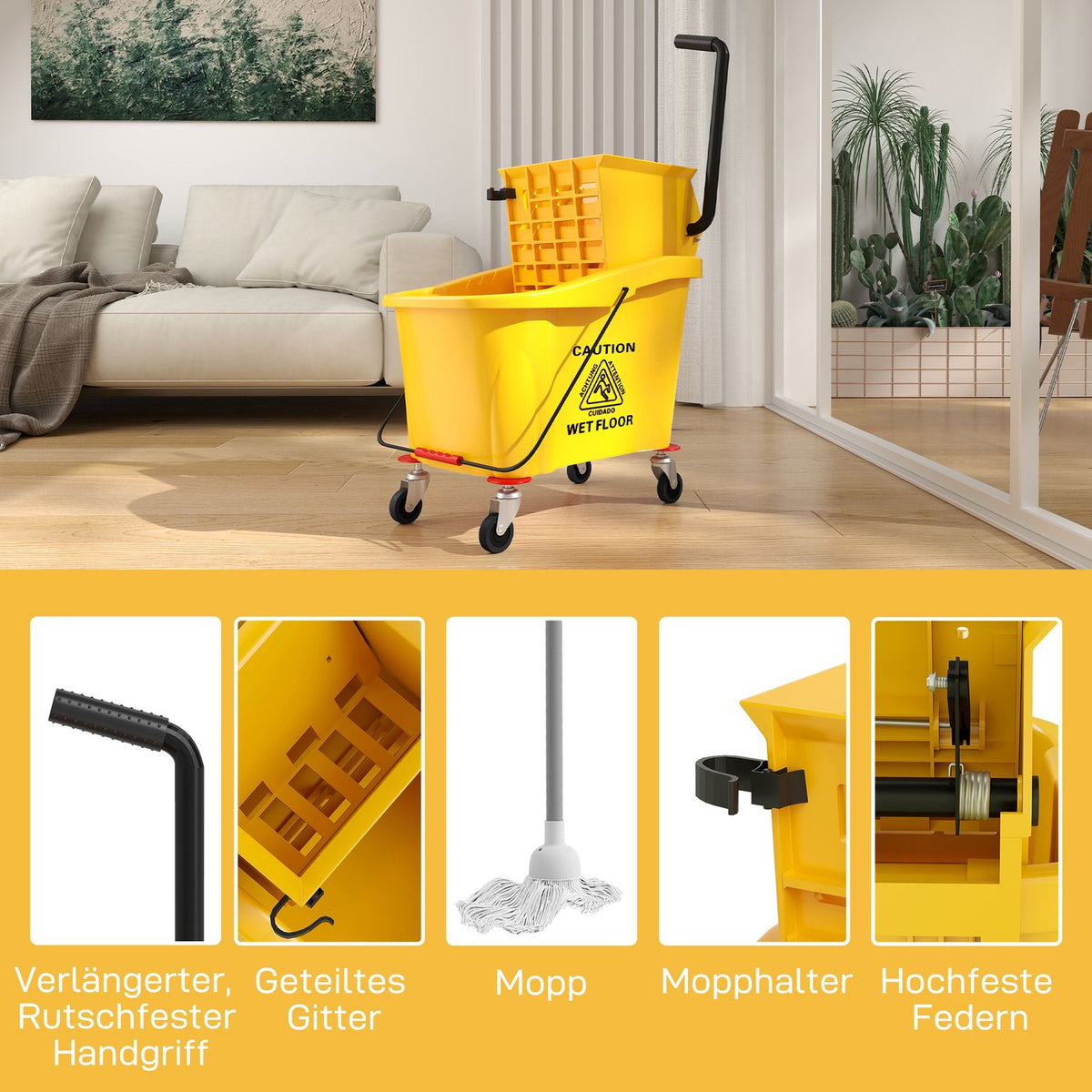 Cleaning trolley cleaning trolley 36 liter bucket with press, household trolley with mop and handle for building cleaning, office cleaning yellow
