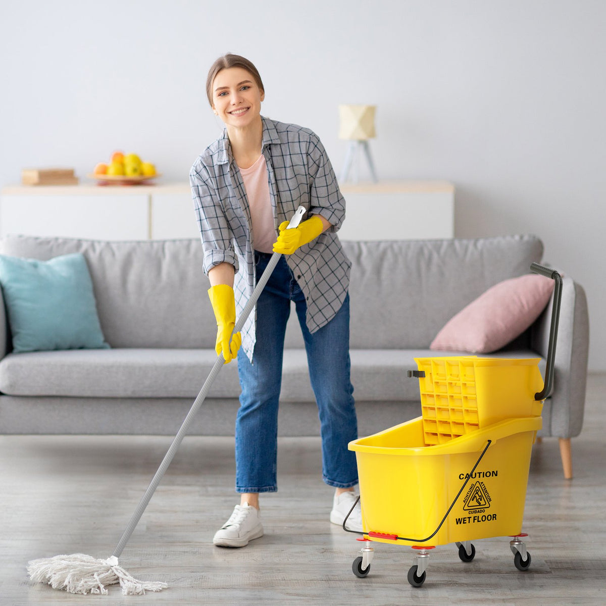 Cleaning trolley cleaning trolley 36 liter bucket with press, household trolley with mop and handle for building cleaning, office cleaning yellow