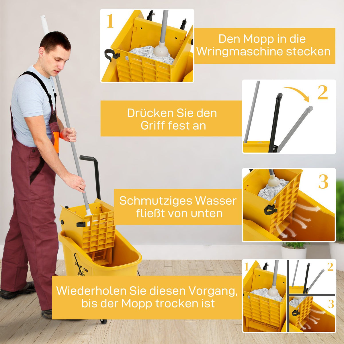 Cleaning trolley cleaning trolley 36 liter bucket with press, household trolley with mop and handle for building cleaning, office cleaning yellow