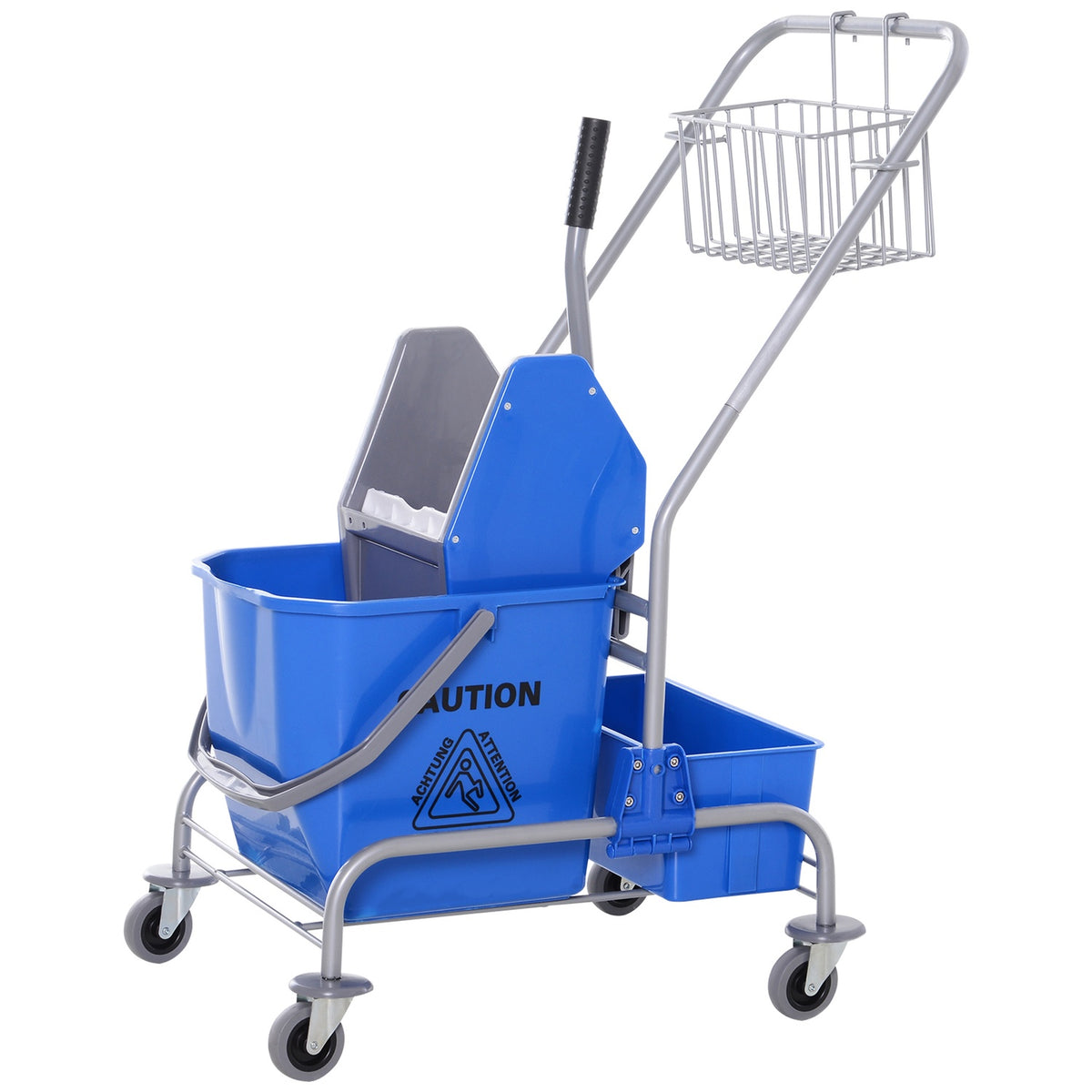 Cleaning trolley, cleaning trolley, mobile bucket, cleaning bucket, 25 liter mopping trolley with wringer, hook for mop, household trolley with 4 wheels, blue