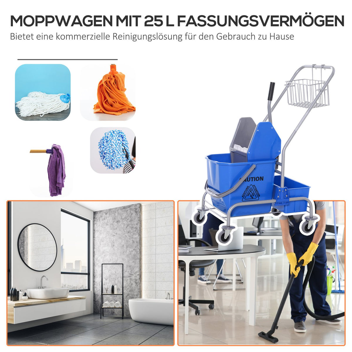 Cleaning trolley, cleaning trolley, mobile bucket, cleaning bucket, 25 liter mopping trolley with wringer, hook for mop, household trolley with 4 wheels, blue