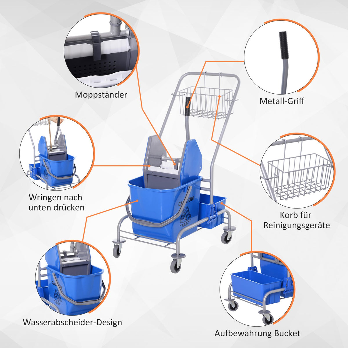 Cleaning trolley, cleaning trolley, mobile bucket, cleaning bucket, 25 liter mopping trolley with wringer, hook for mop, household trolley with 4 wheels, blue