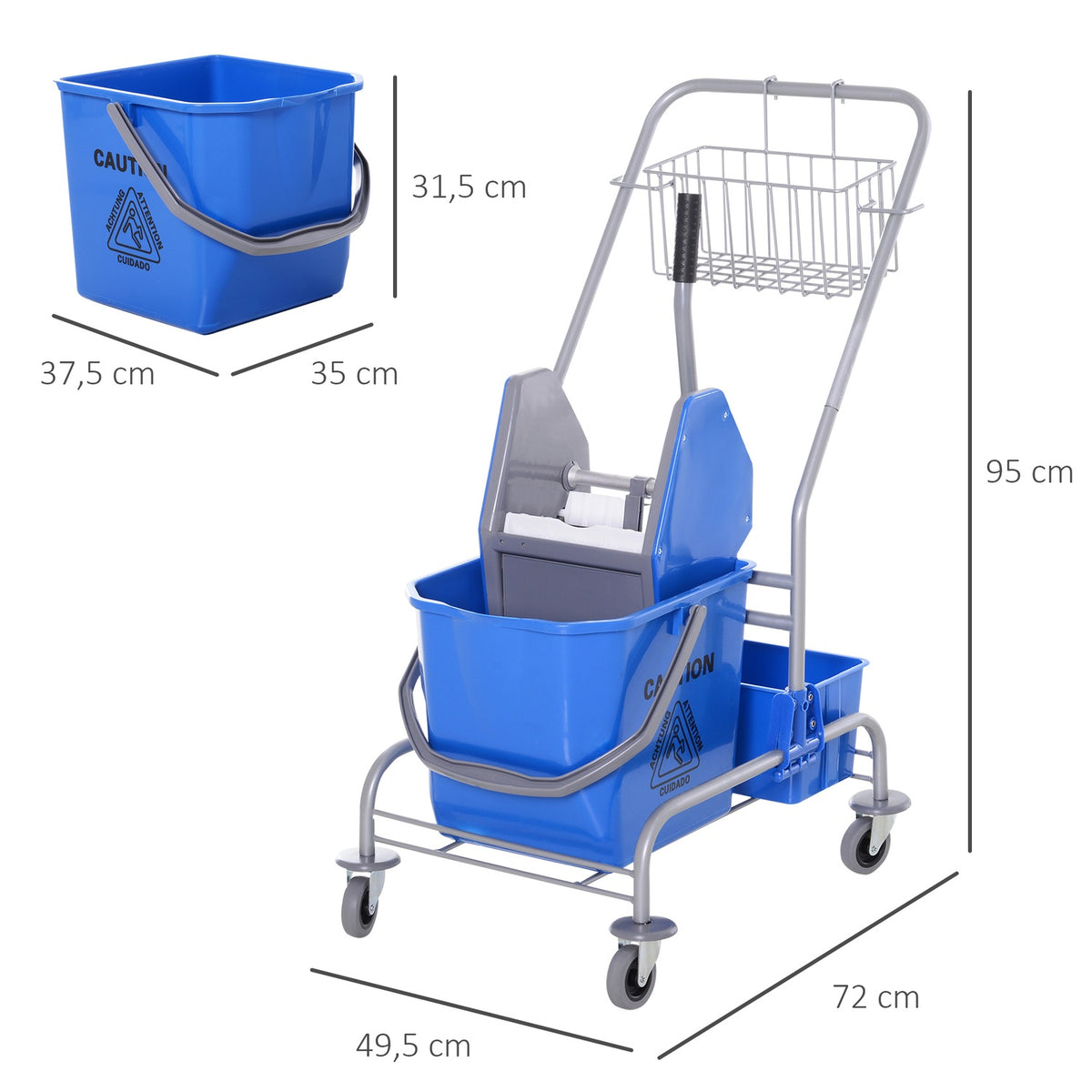 Cleaning trolley, cleaning trolley, mobile bucket, cleaning bucket, 25 liter mopping trolley with wringer, hook for mop, household trolley with 4 wheels, blue