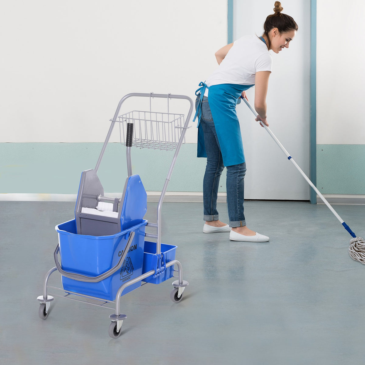 Cleaning trolley, cleaning trolley, mobile bucket, cleaning bucket, 25 liter mopping trolley with wringer, hook for mop, household trolley with 4 wheels, blue