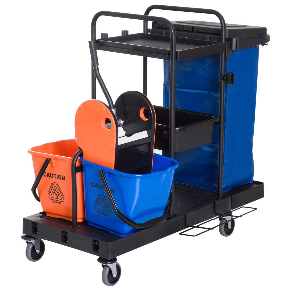 Cleaning trolley cleaning trolley with 4 wheels, system trolley for professional cleaning, black/blue/orange, 111x63.3x103cm