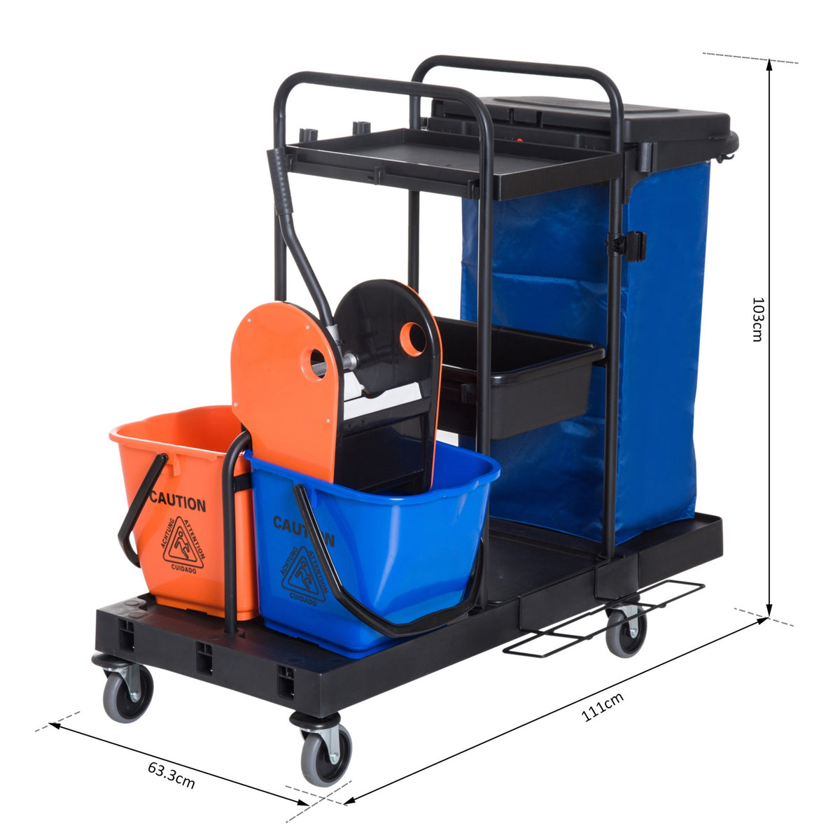 Cleaning trolley cleaning trolley with 4 wheels, system trolley for professional cleaning, black/blue/orange, 111x63.3x103cm