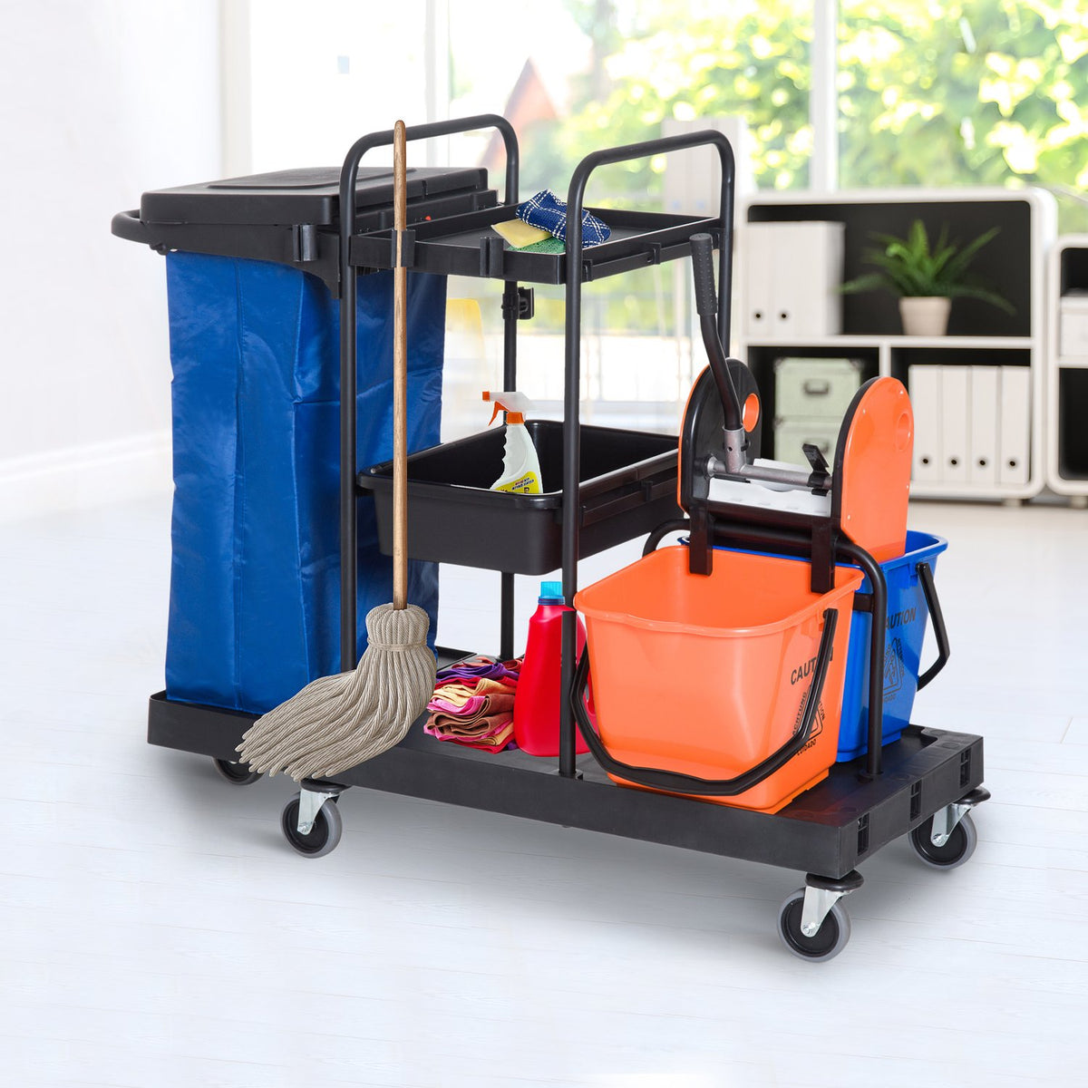 Cleaning trolley cleaning trolley with 4 wheels, system trolley for professional cleaning, black/blue/orange, 111x63.3x103cm