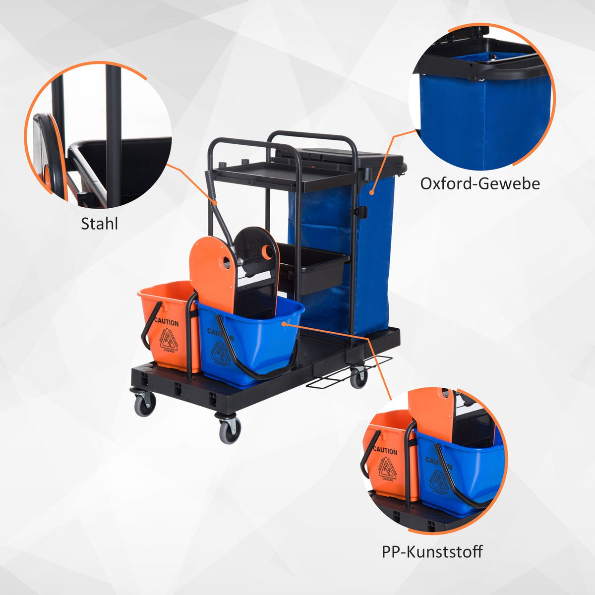 Cleaning trolley cleaning trolley with 4 wheels, system trolley for professional cleaning, black/blue/orange, 111x63.3x103cm