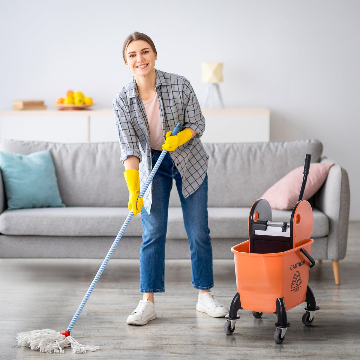 Cleaning trolley, cleaning trolley with wringer, 26 liter cleaning bucket, mobile bucket, wiping trolley, hook for mop, household trolley with 4 wheels, orange