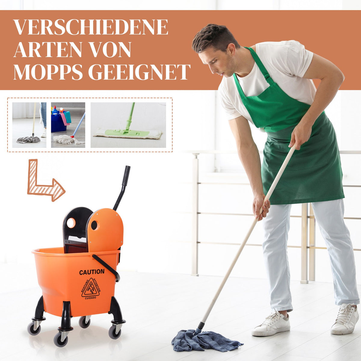 Cleaning trolley, cleaning trolley with wringer, 26 liter cleaning bucket, mobile bucket, wiping trolley, hook for mop, household trolley with 4 wheels, orange