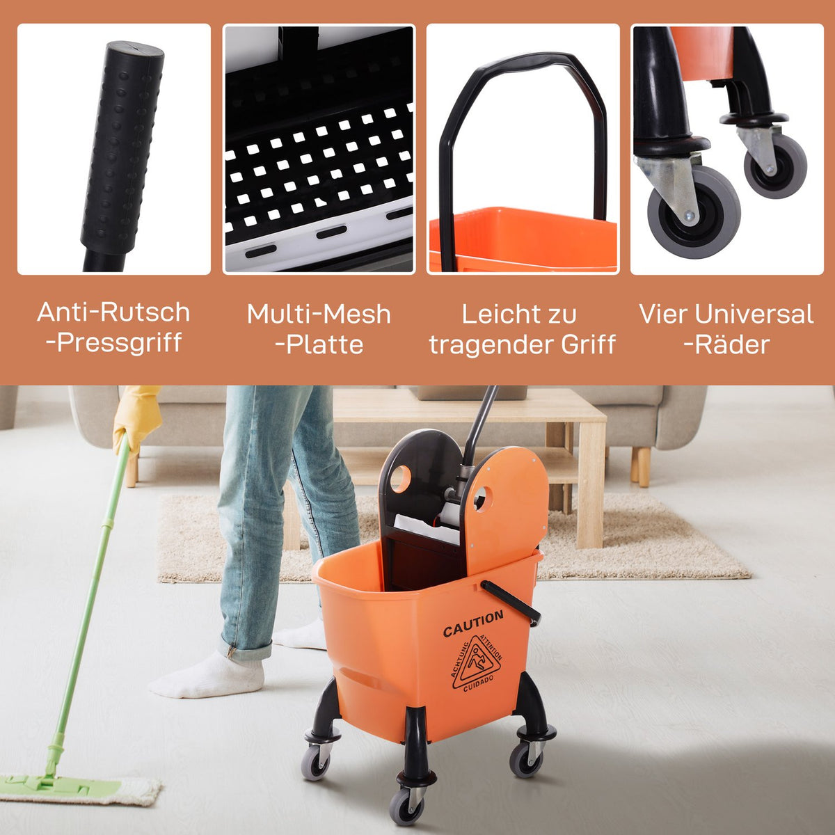 Cleaning trolley, cleaning trolley with wringer, 26 liter cleaning bucket, mobile bucket, wiping trolley, hook for mop, household trolley with 4 wheels, orange