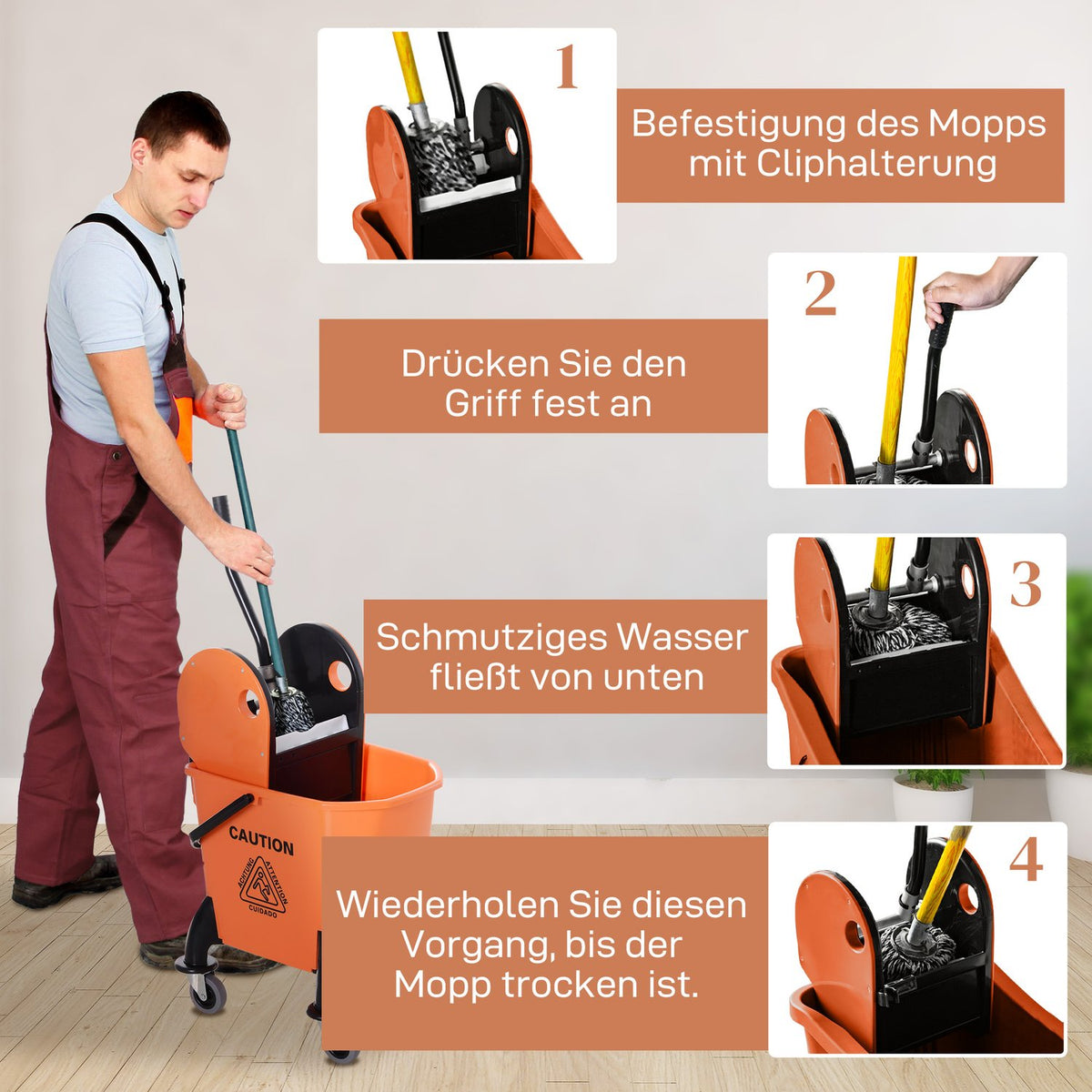 Cleaning trolley, cleaning trolley with wringer, 26 liter cleaning bucket, mobile bucket, wiping trolley, hook for mop, household trolley with 4 wheels, orange
