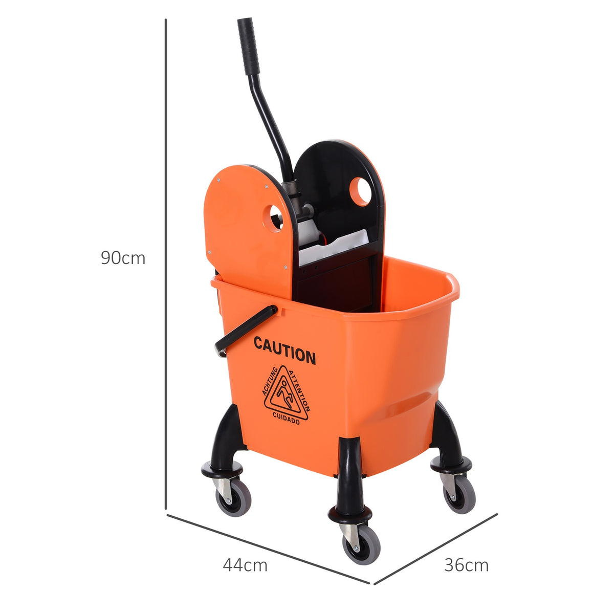 Cleaning trolley, cleaning trolley with wringer, 26 liter cleaning bucket, mobile bucket, wiping trolley, hook for mop, household trolley with 4 wheels, orange