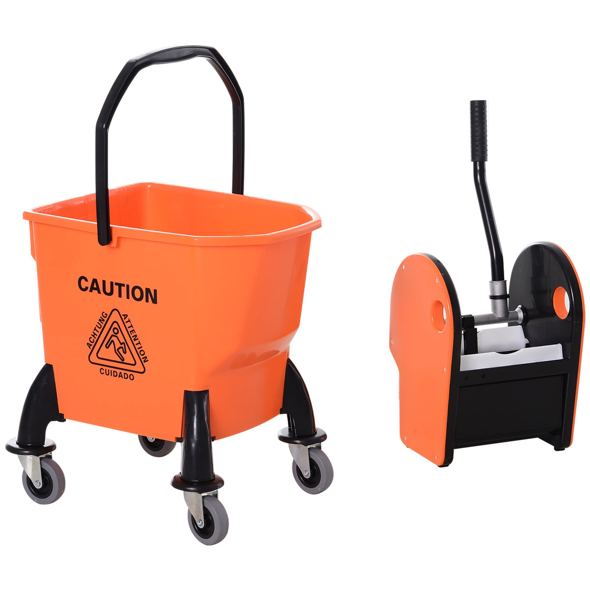 Cleaning trolley, cleaning trolley with wringer, 26 liter cleaning bucket, mobile bucket, wiping trolley, hook for mop, household trolley with 4 wheels, orange