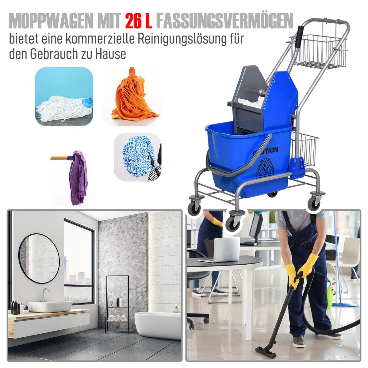Cleaning trolley household trolley professional baking press bucket 26 L + storage basket blue 73L x 45W x 95H cm