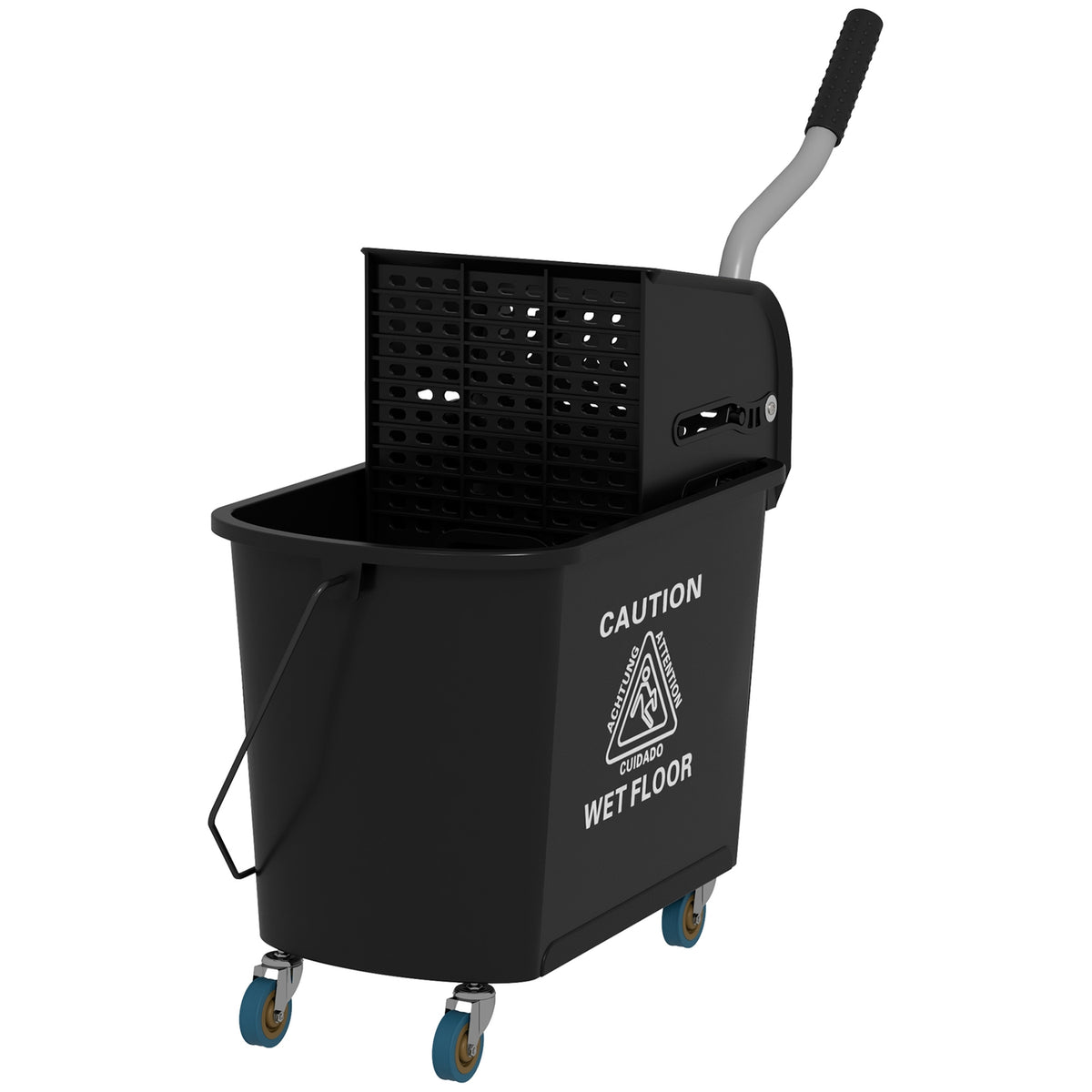 Cleaning trolley, mobile bucket, cleaning bucket, 20 liters, wiping trolley with press, 2 chambers, black