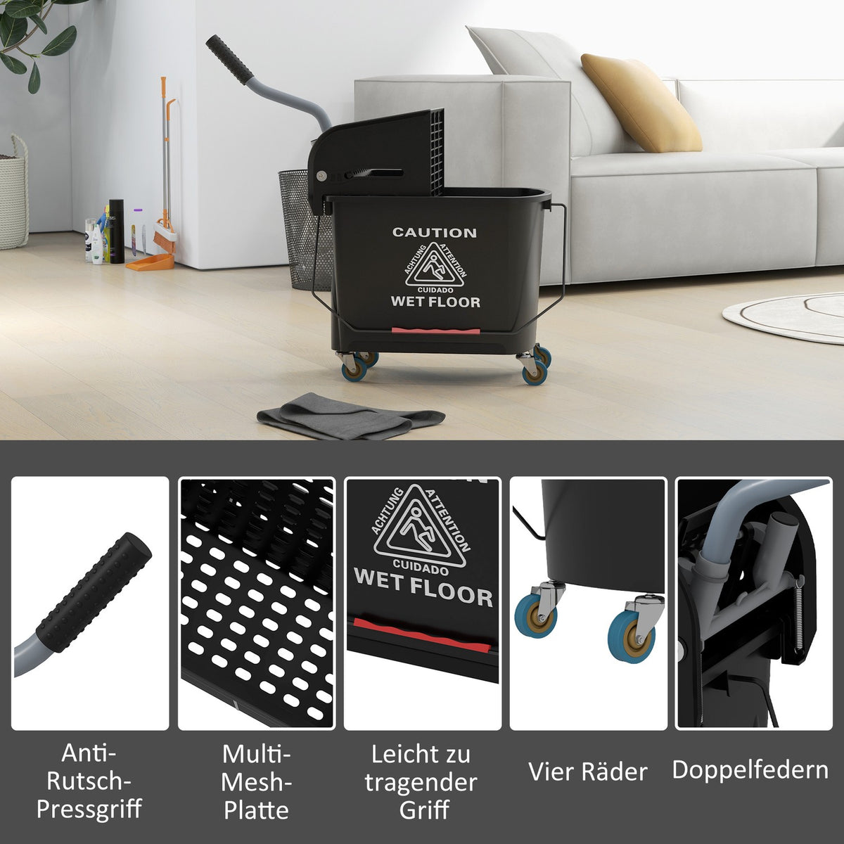 Cleaning trolley, mobile bucket, cleaning bucket, 20 liters, wiping trolley with press, 2 chambers, black