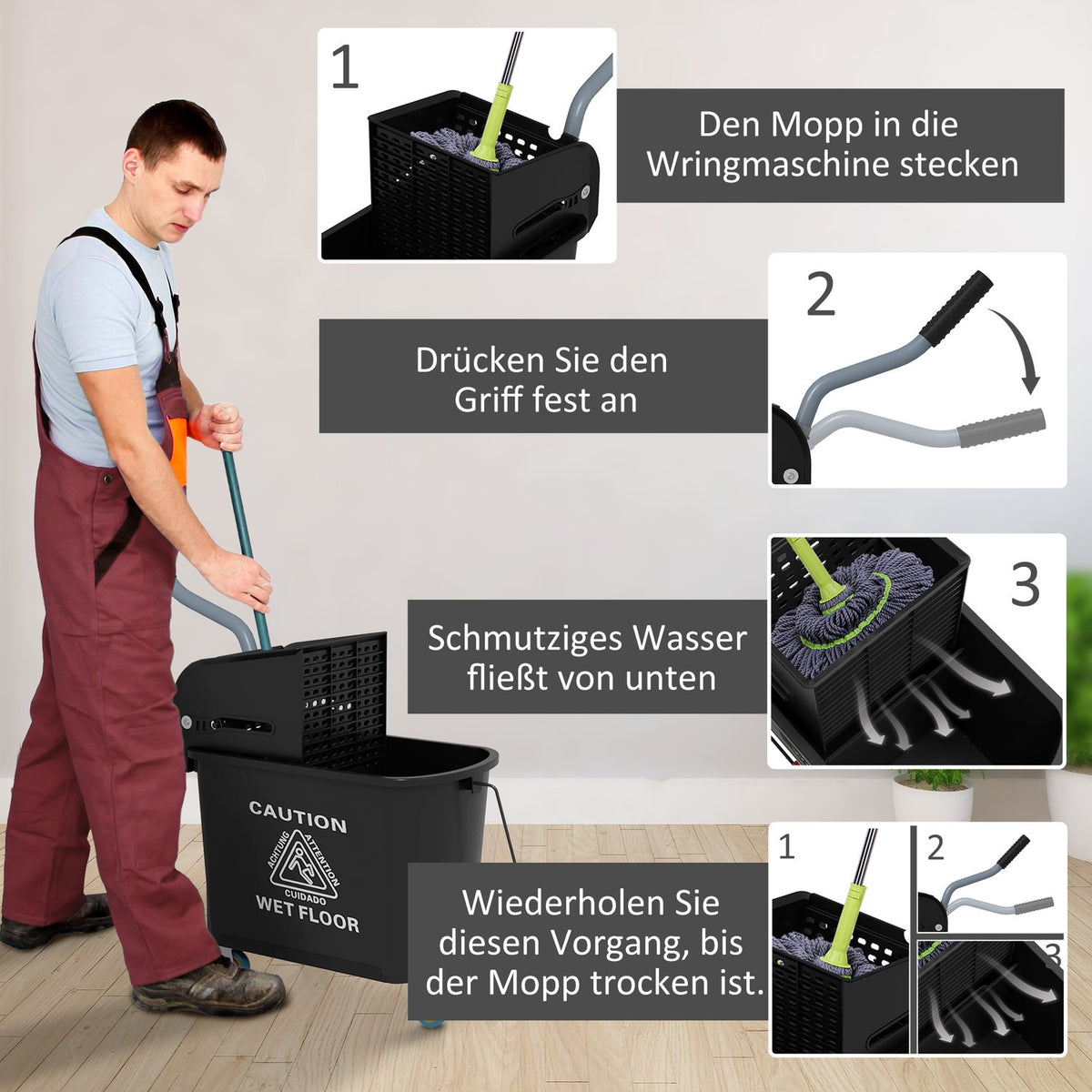 Cleaning trolley, mobile bucket, cleaning bucket, 20 liters, wiping trolley with press, 2 chambers, black