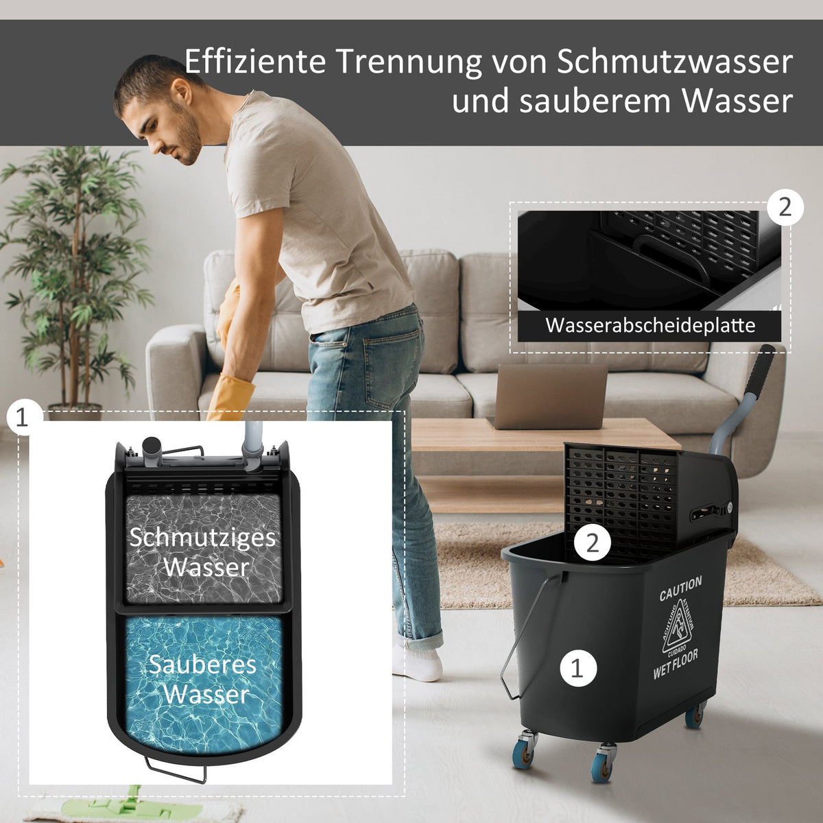 Cleaning trolley, mobile bucket, cleaning bucket, 20 liters, wiping trolley with press, 2 chambers, black
