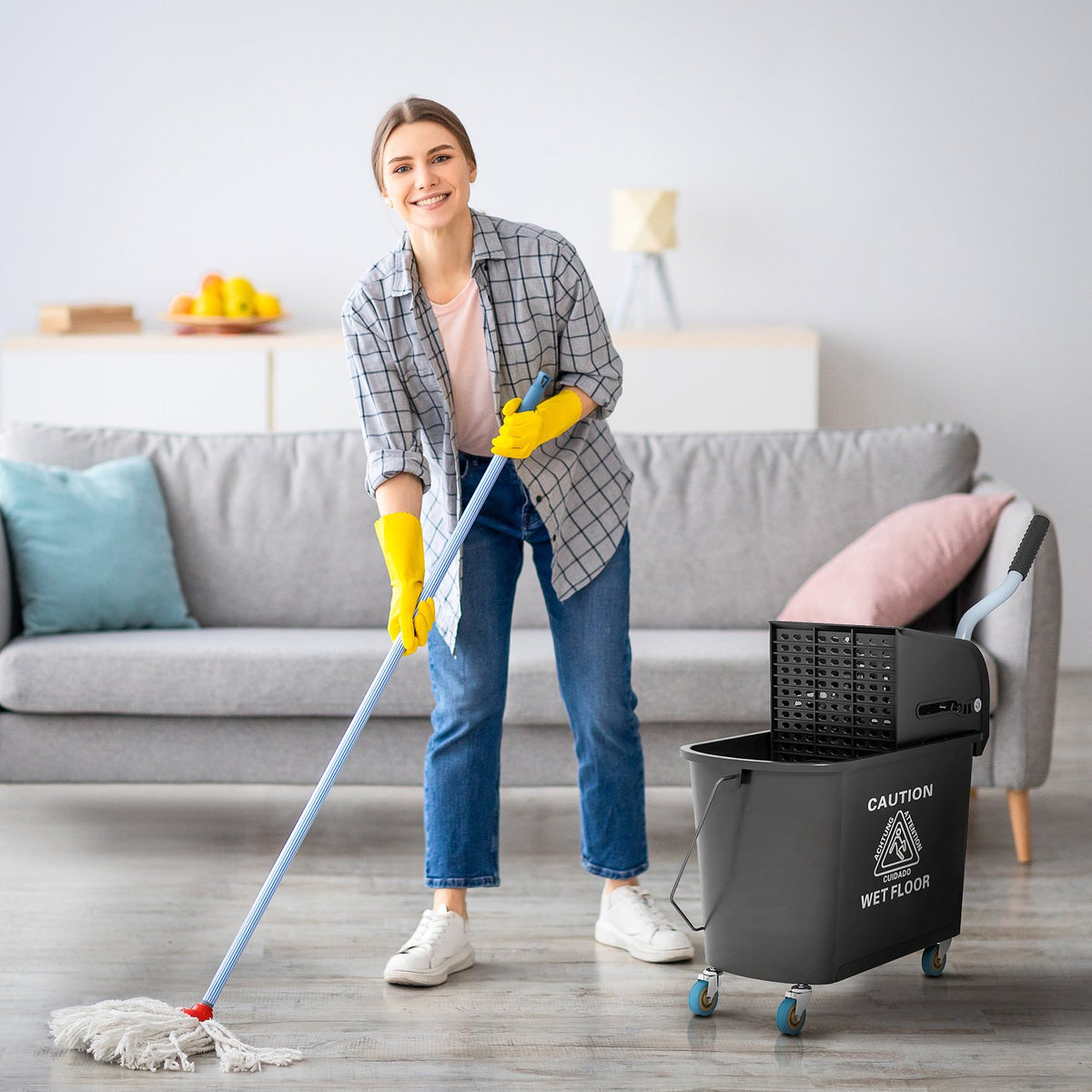 Cleaning trolley, mobile bucket, cleaning bucket, 20 liters, wiping trolley with press, 2 chambers, black