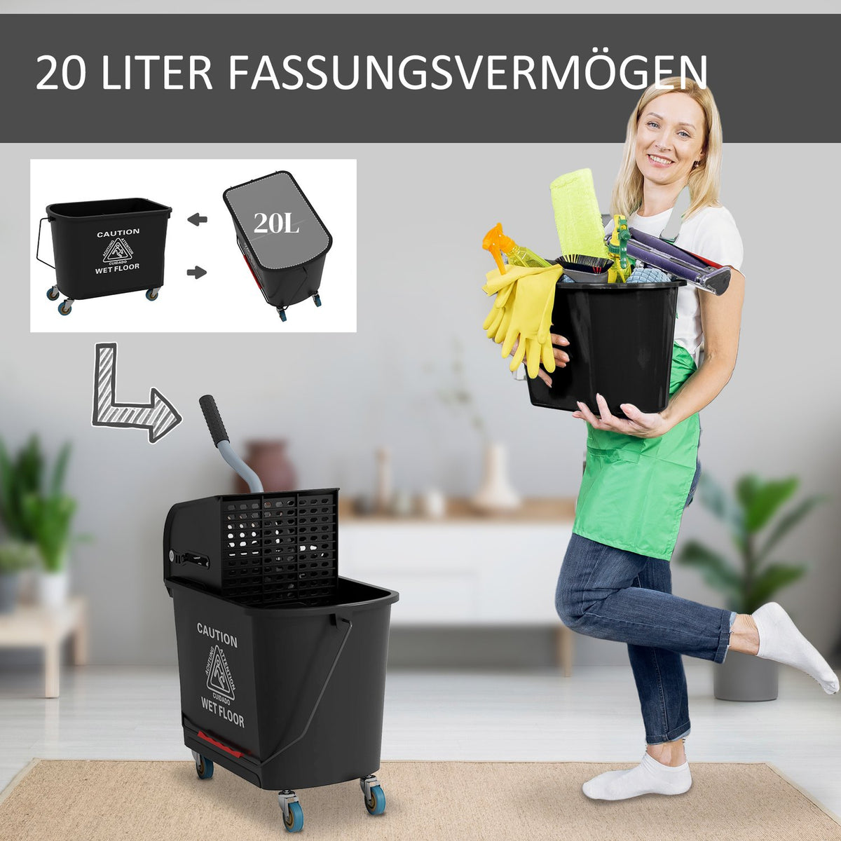 Cleaning trolley, mobile bucket, cleaning bucket, 20 liters, wiping trolley with press, 2 chambers, black