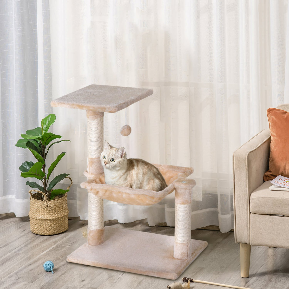 Climbing Tree Beige Scratching Post Sisal Column Plush Hammock 50X36X70Cm