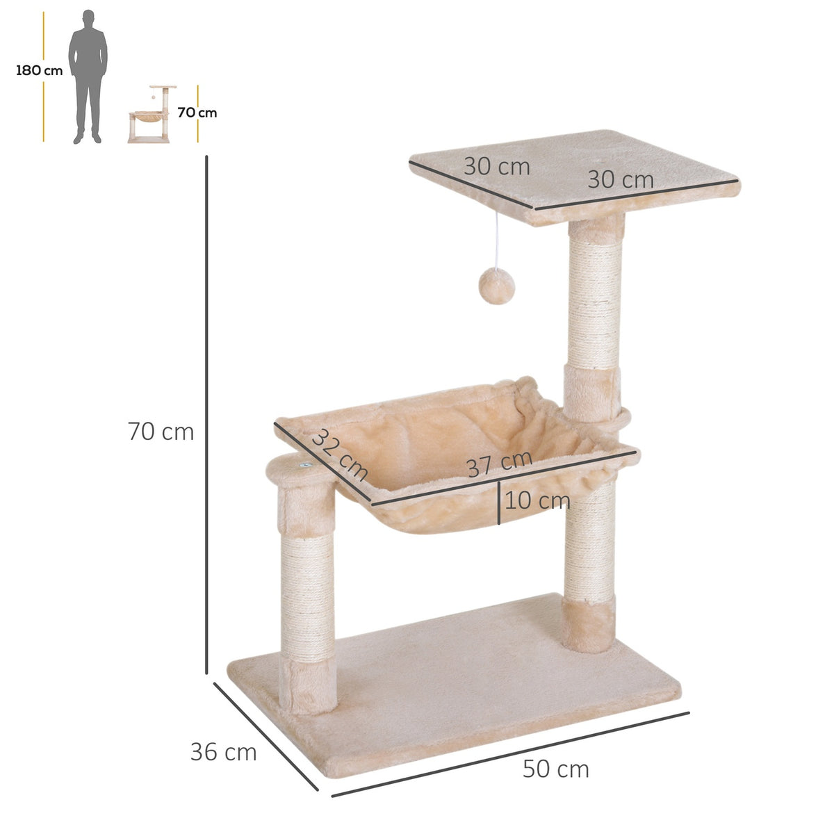 Climbing Tree Beige Scratching Post Sisal Column Plush Hammock 50X36X70Cm